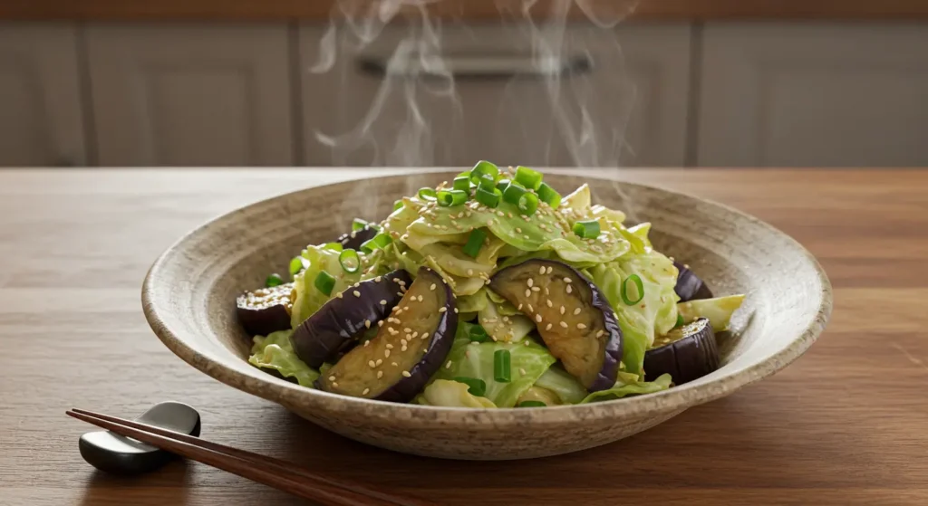 Savory cabbage and eggplant stir-fry in a ceramic bowl