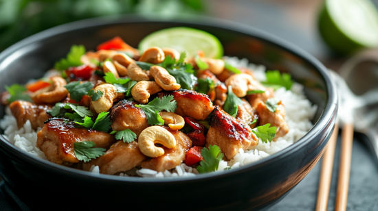 Serving Crock Pot Cashew Chicken with rice