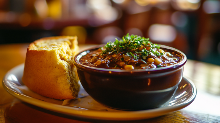 A bowl of Cincinnati-style mock turtle soup with cornbread