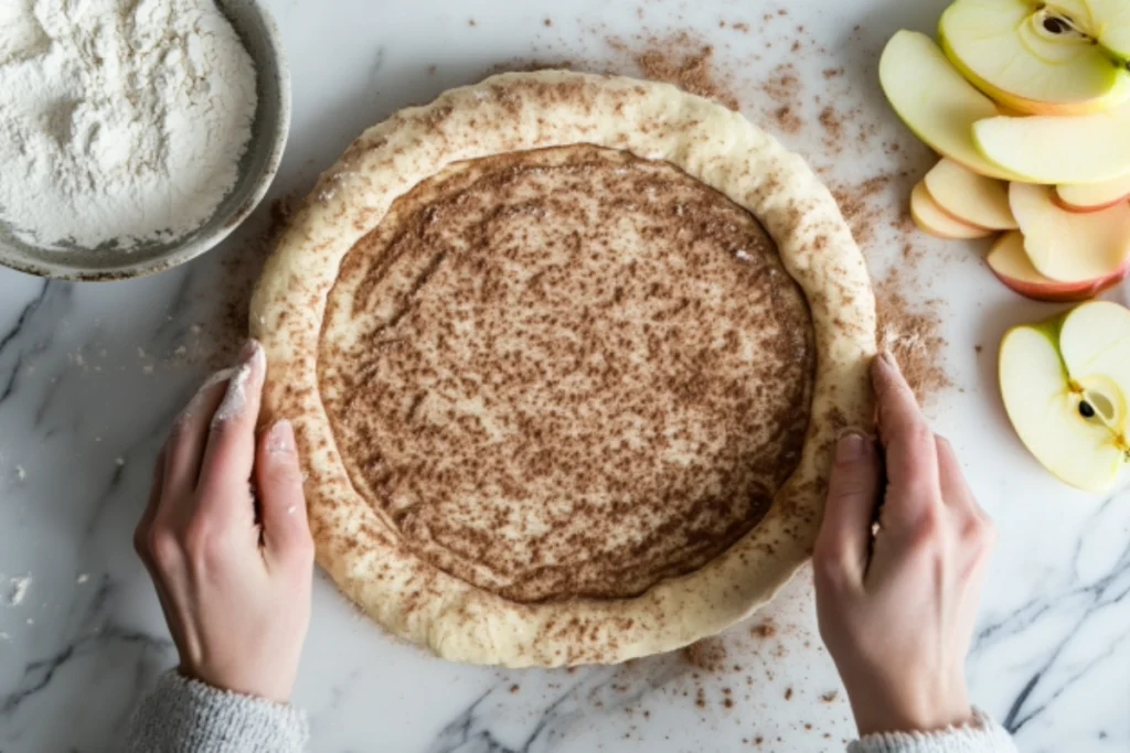 Rolling cinnamon roll dough for apple pie crust