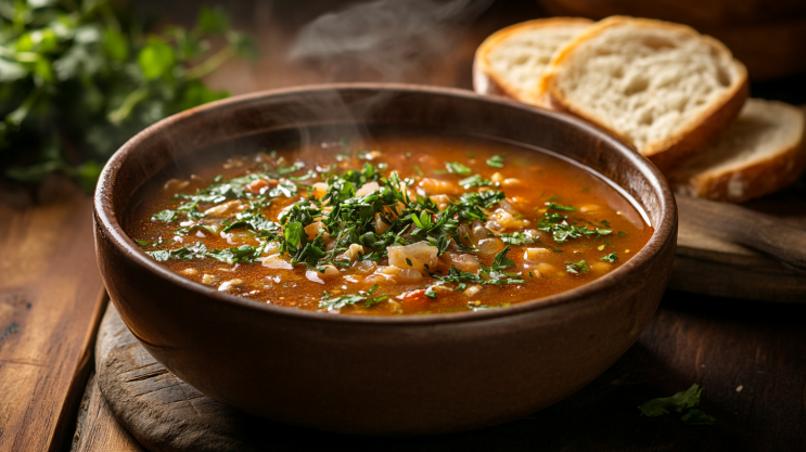 A steaming bowl of mock turtle soup with herbs and bread.