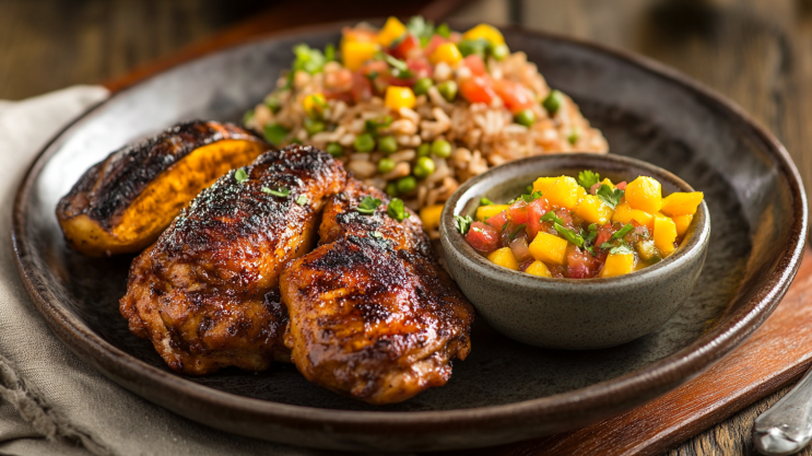 Jerk chicken with traditional Jamaican side dishes