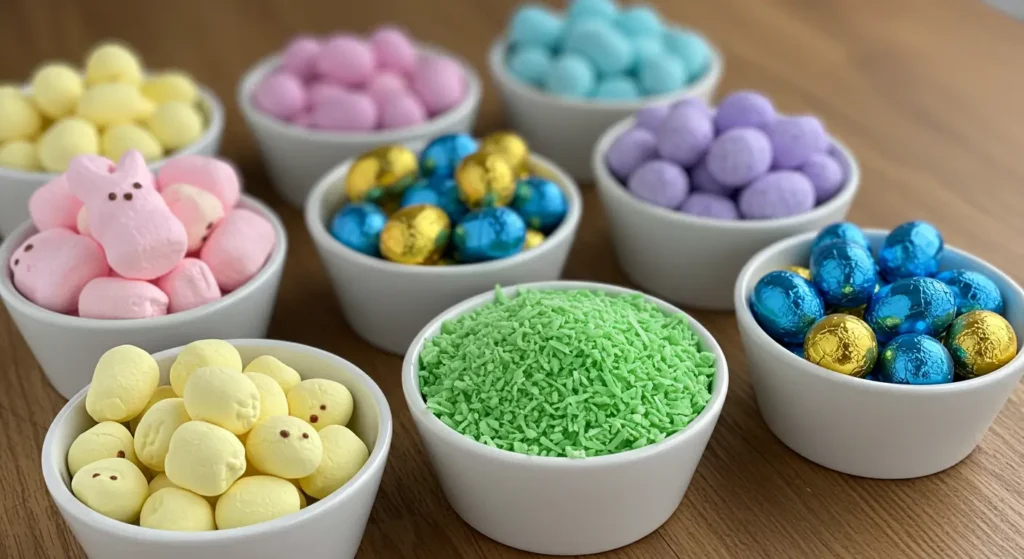 Assorted toppings for Easter Dirt Cups
