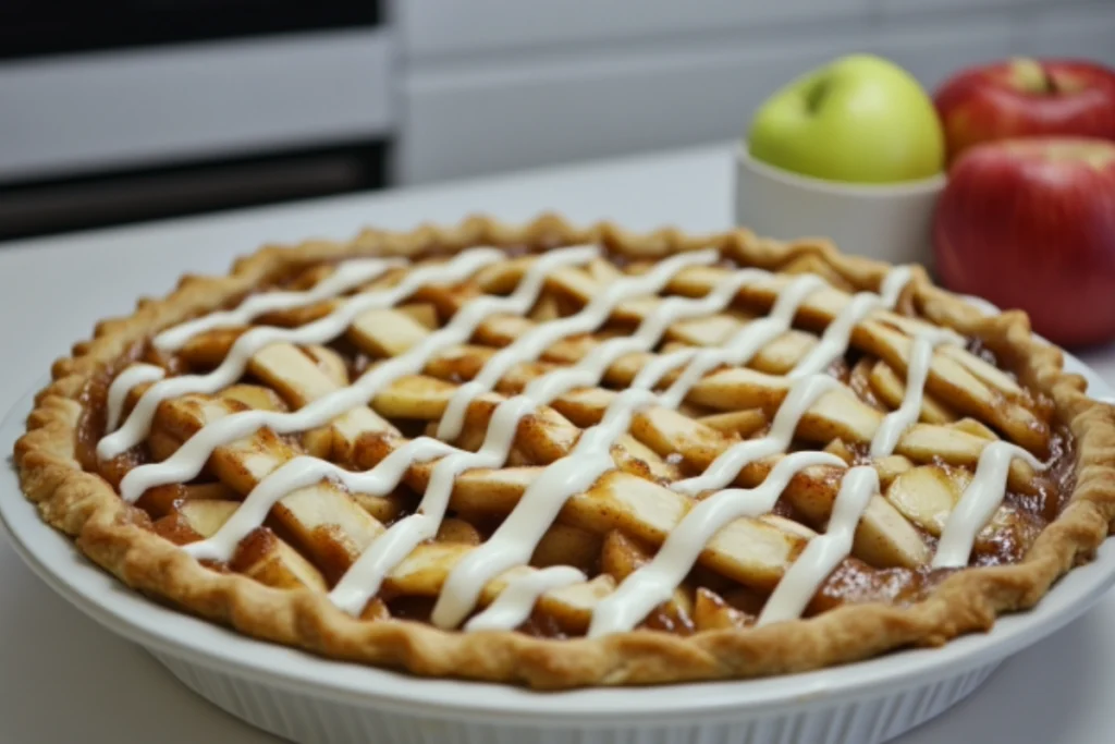 Vegan cinnamon roll apple pie with dairy-free frosting