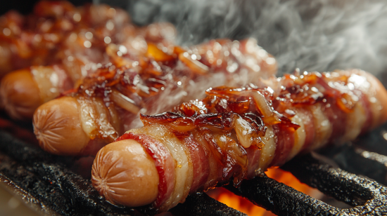 Grilling Perfection - Winter BBQ Bacon Dogs with Bourbon-Glazed Onions