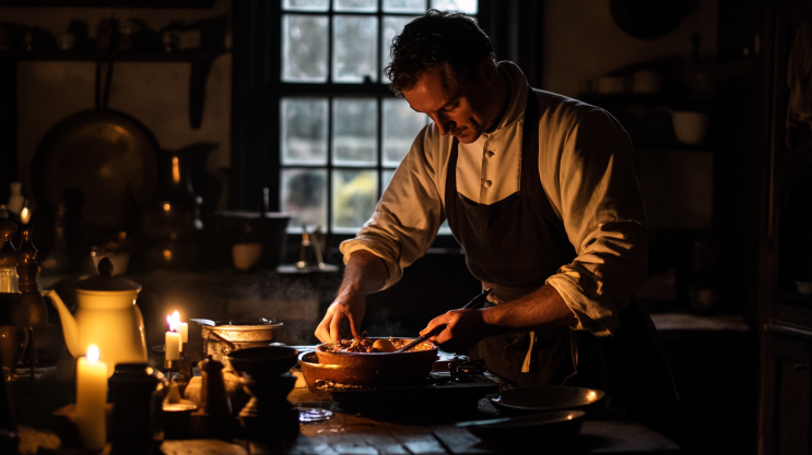 A historical kitchen scene with a chef preparing mock turtle soup.