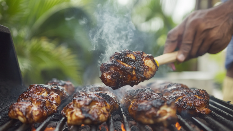 Jerk chicken grilling over open flames