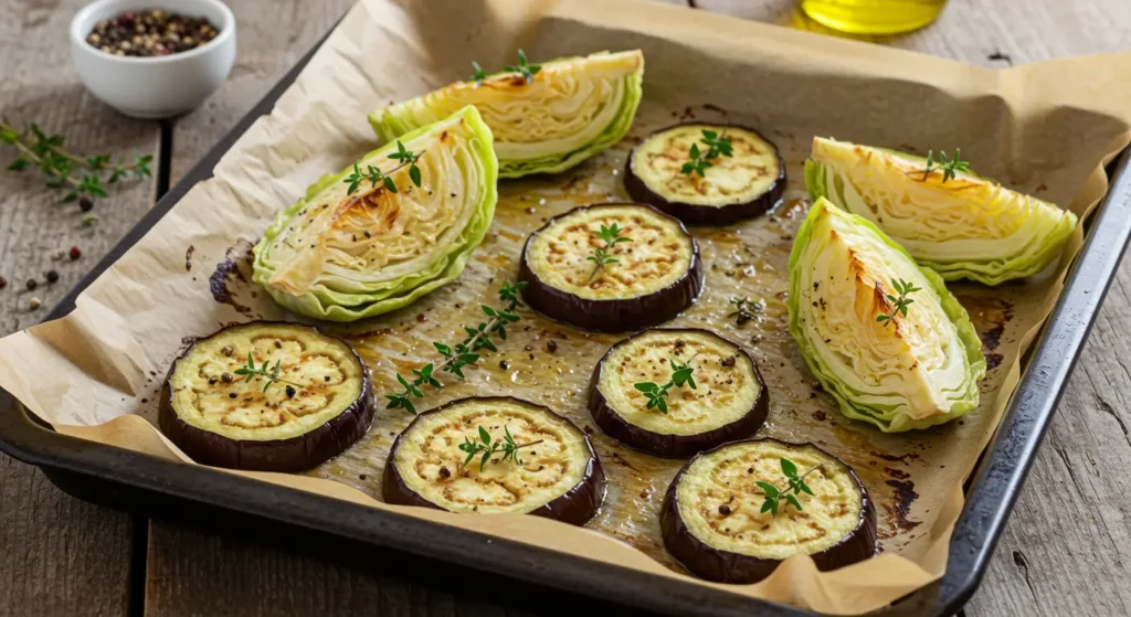 Roasted eggplant and cabbage on a baking tray