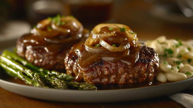 uicy Salisbury steak with brown gravy, caramelized onions, buttered white beans, and steamed asparagus.