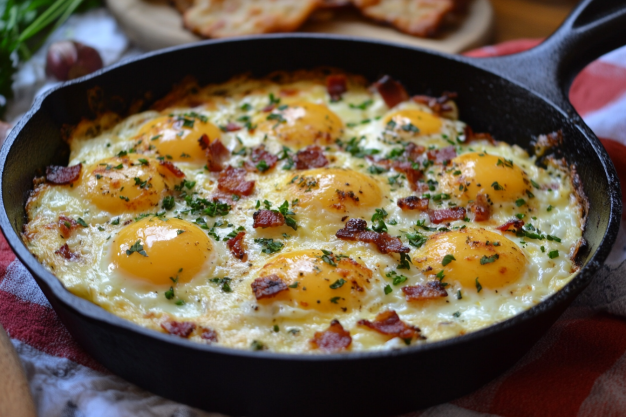 Cheesy baked eggs with bacon in a skillet