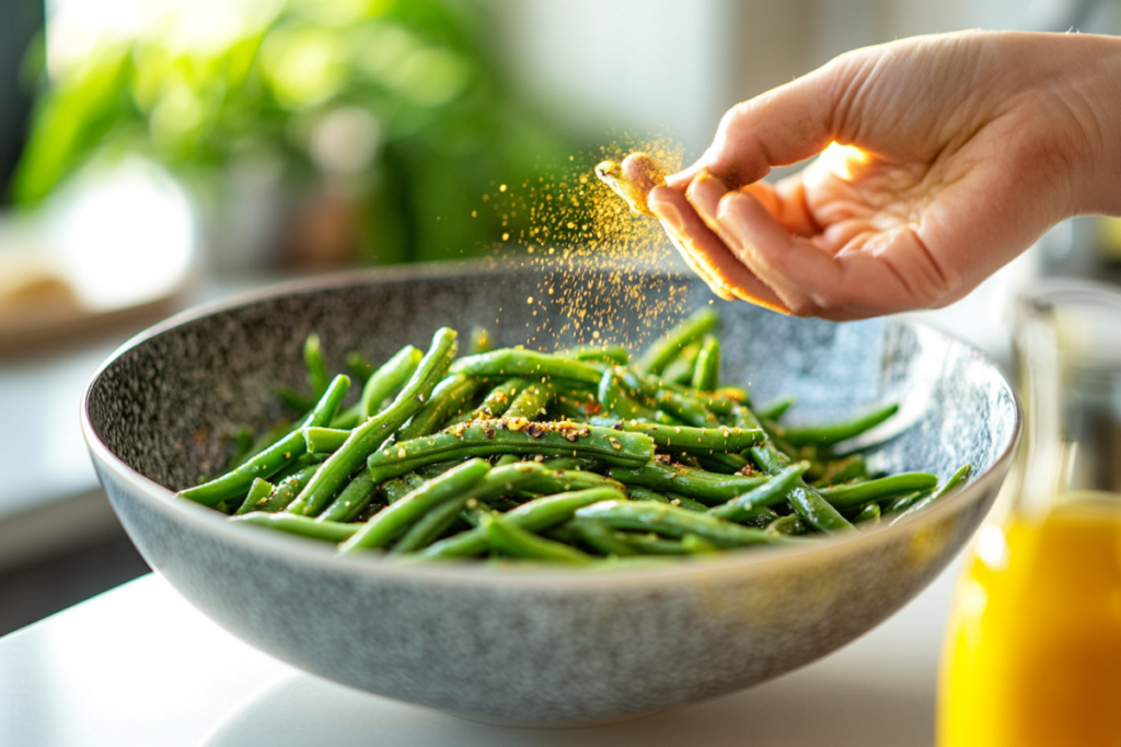 Green beans tossed with oil and seasonings