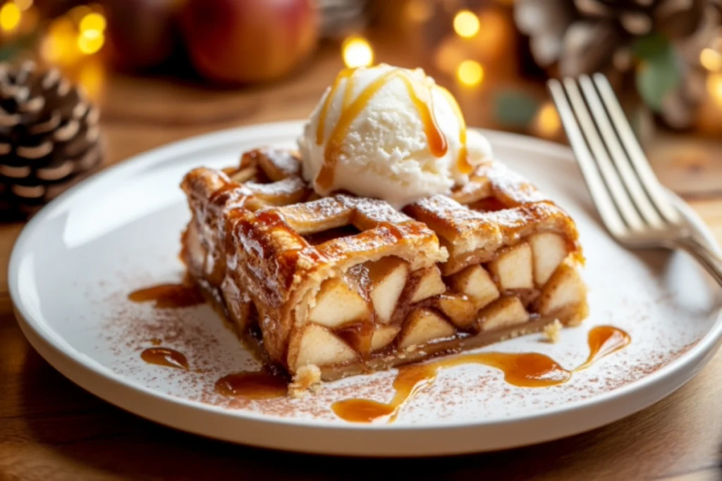 Cinnamon roll apple pie slice with ice cream