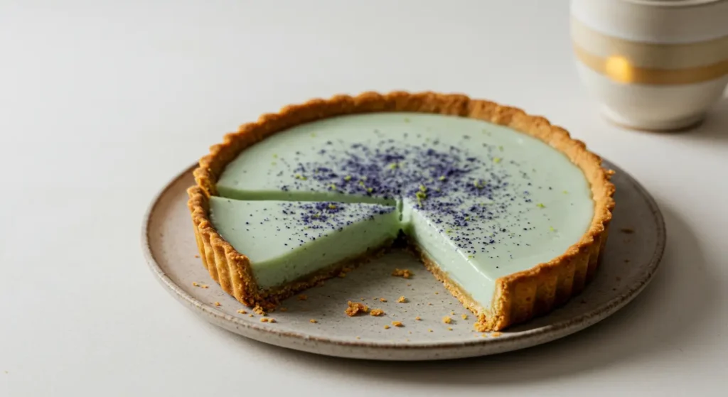 Sliced lime tart with creamy filling and blueberry dust.