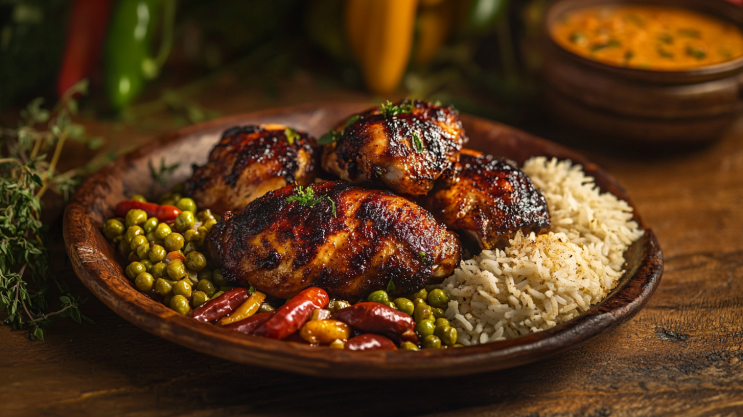 Authentic jerk chicken with rice and peas