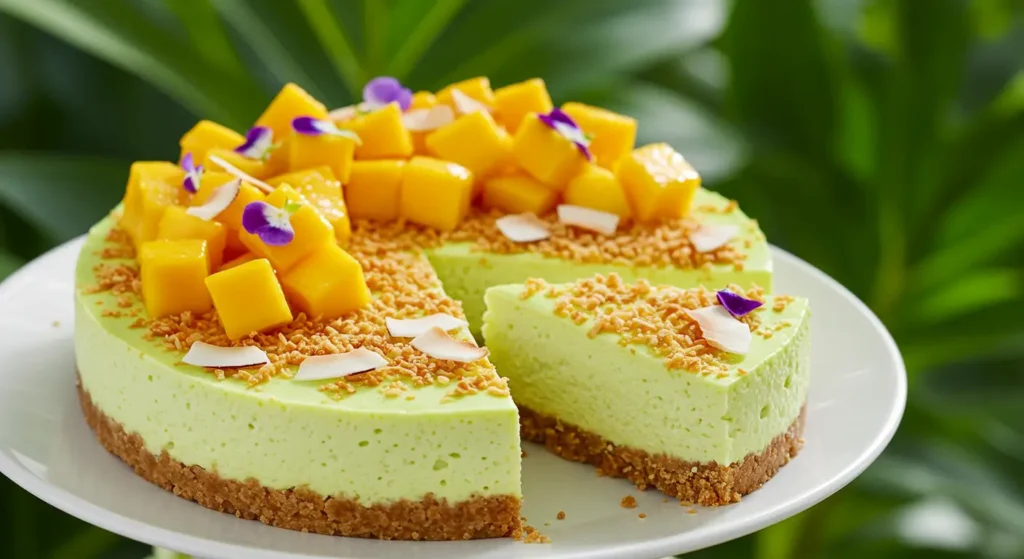 Tropical lime cheesecake with mango and coconut
