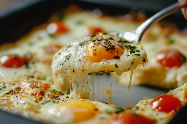 Gooey cheese pull on baked eggs
