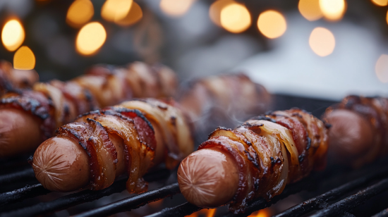 Smoky bacon-wrapped hot dogs with bourbon-glazed onions on a winter BBQ grill