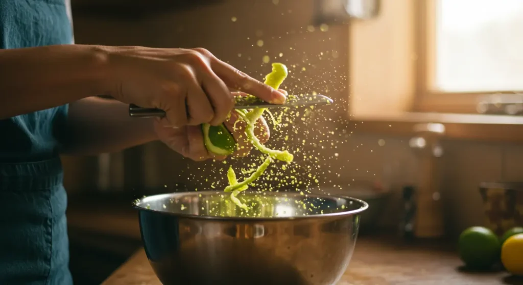 Zesting fresh limes for citrus dessert recipe.