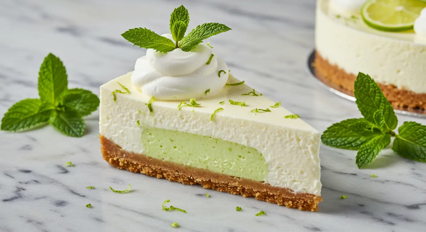Creamy lime mousse cheesecake with whipped cream and lime garnish