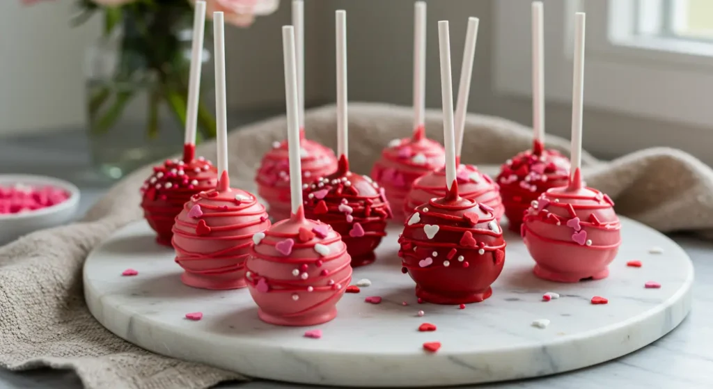 Valentine's Day cake pops with hearts and sprinkles