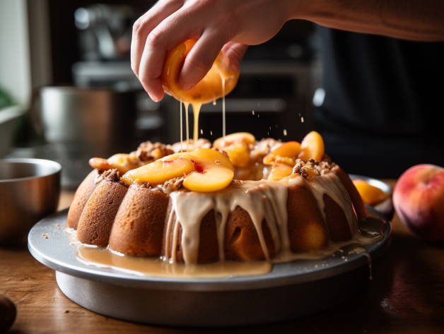 Pouring peach cobbler pound cake batter into bundt pan