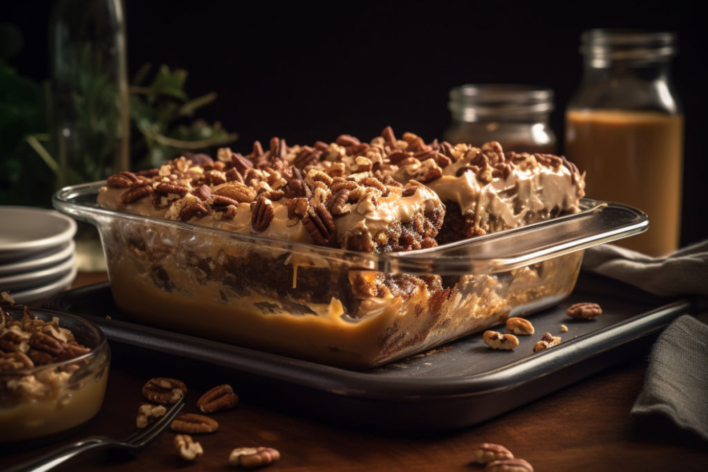 Sliced German chocolate poke cake showing layers and frosting