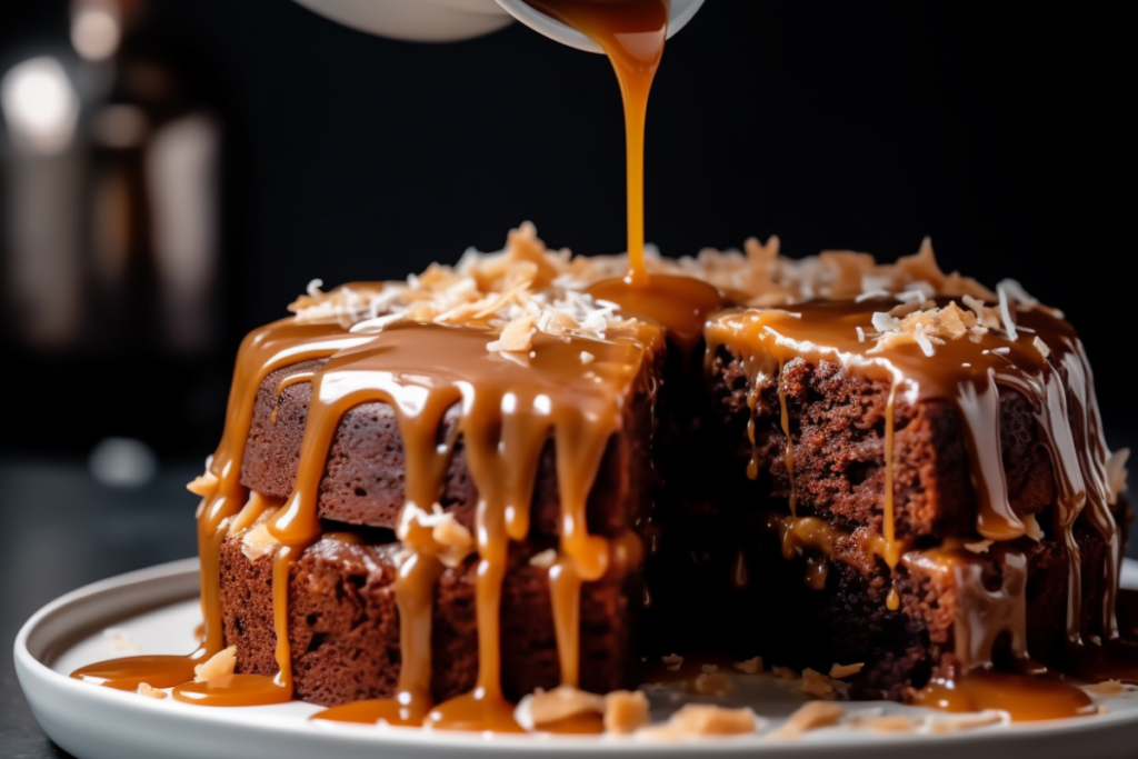 Pouring condensed milk and caramel over German chocolate poke cake