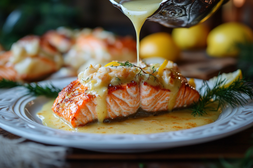 Lemon sauce being poured over crab stuffed salmon