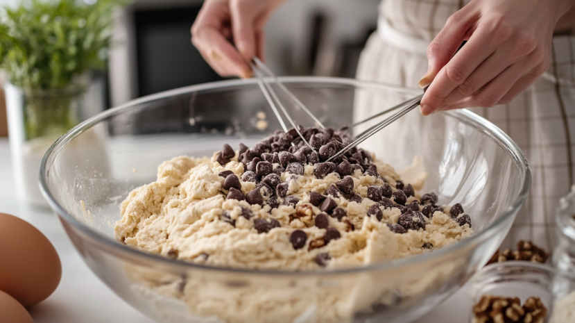 Mixing dough for chocolate chip walnut cookies