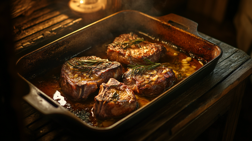  Slow-roasted lamb shoulder chops with crispy edges and rosemary.