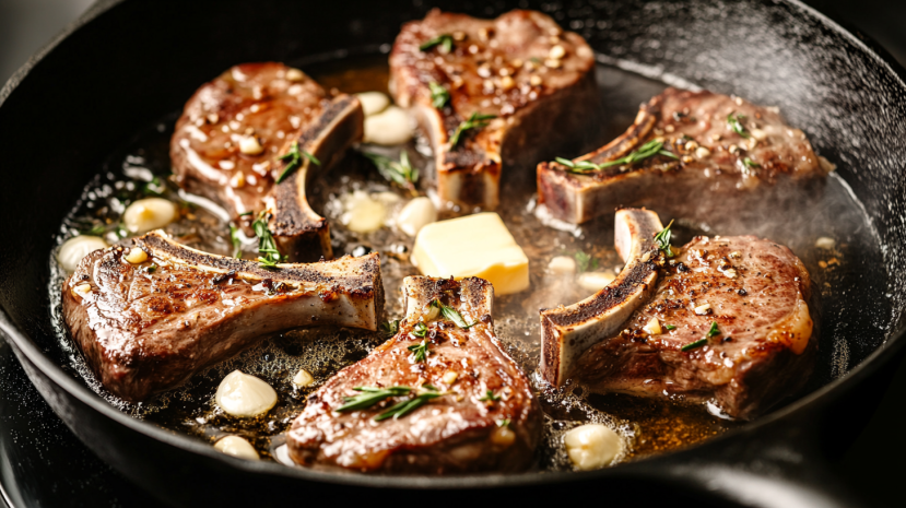  Lamb shoulder chops sizzling in a cast-iron skillet with garlic and rosemary.