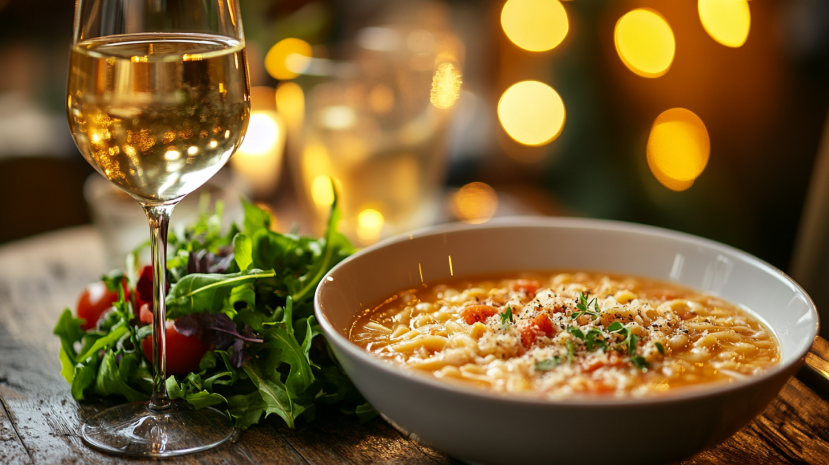 Pastina soup served with salad and wine