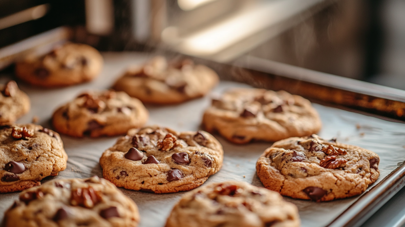Freshly baked chocolate chip walnut cookies on a baking sheet