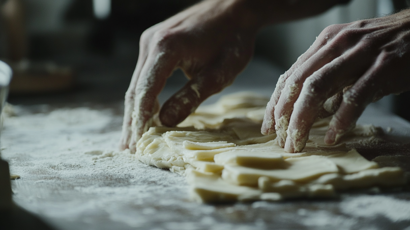 Rolling out gipfeli dough on a floured surface
