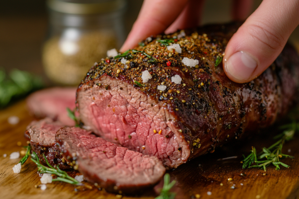 Seasoning sirloin tip roast with garlic powder and salt