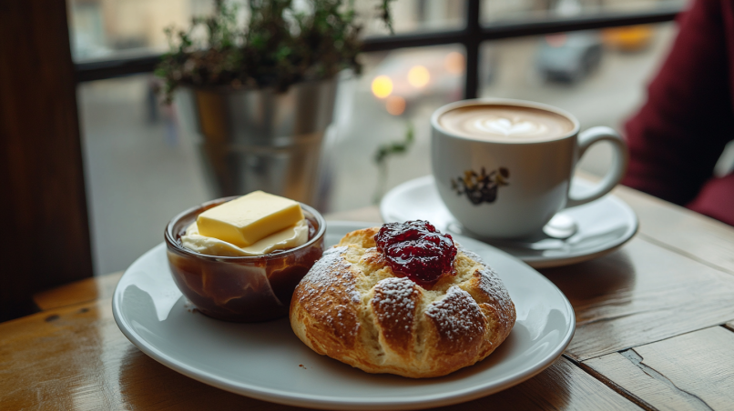 Freshly baked gipfeli served with coffee and jam