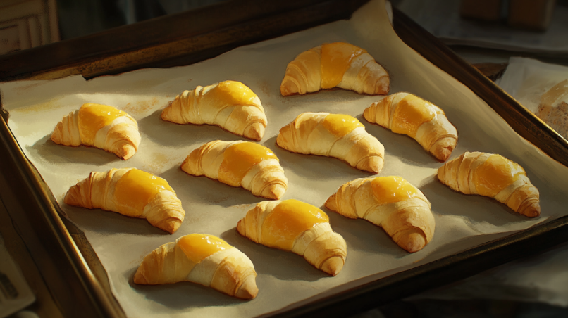 Shaped gipfeli dough on a baking tray