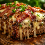 A cheesy, bacon-topped meatloaf with a crispy crust and melty Swiss cheese