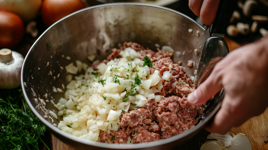 Mixing meatloaf ingredients with fresh mushrooms, bacon, and Swiss cheese