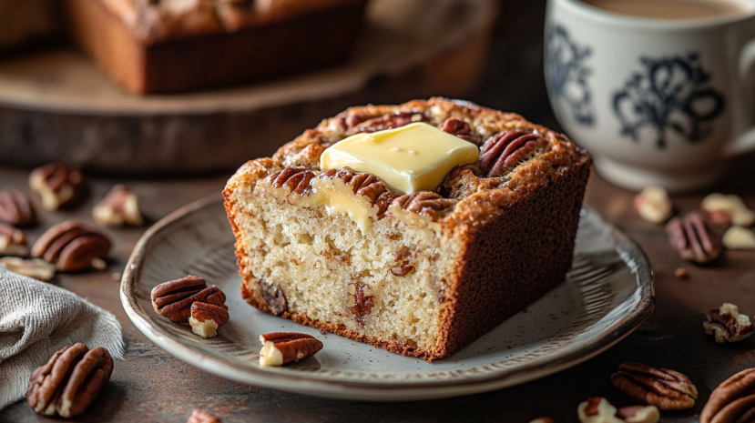 A slice of Sweet Alabama Pecan Bread with melted butter