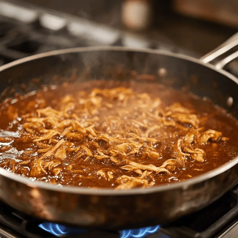 Chicken simmering in mole sauce in a skillet