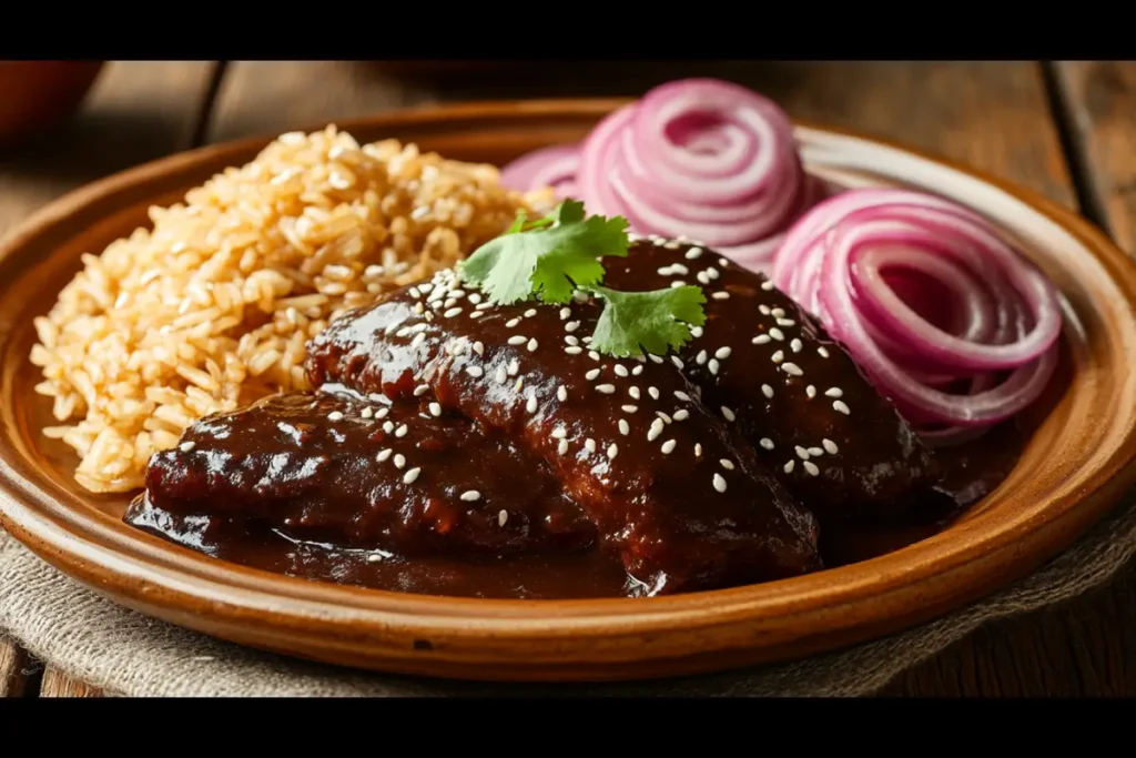 Chicken mole recipe served with rice and pickled onions