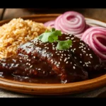 Chicken mole recipe served with rice and pickled onions