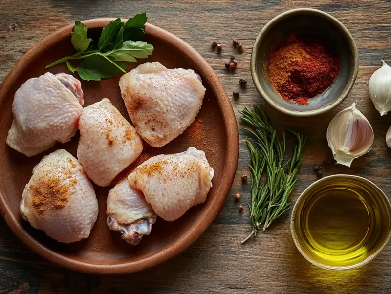 Raw chicken thighs and spices on a countertop