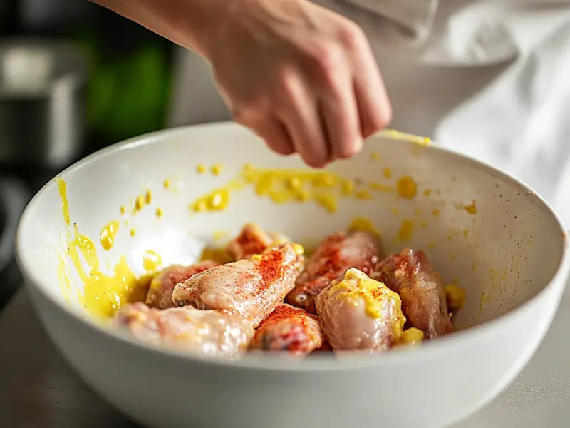 Chicken wings being marinated with mustard and spices