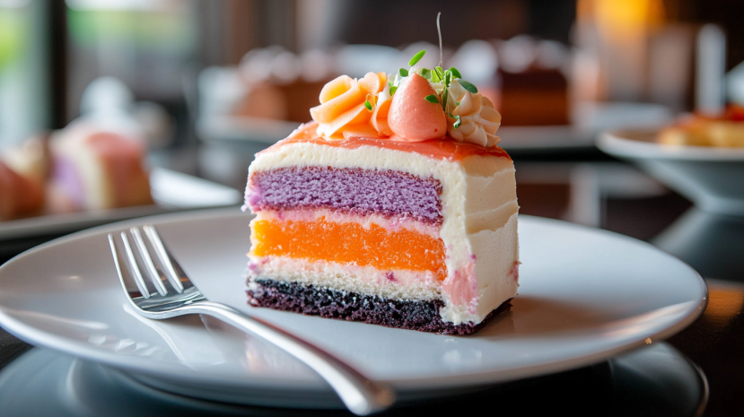 Slice of purple velvet cake with cream cheese frosting

