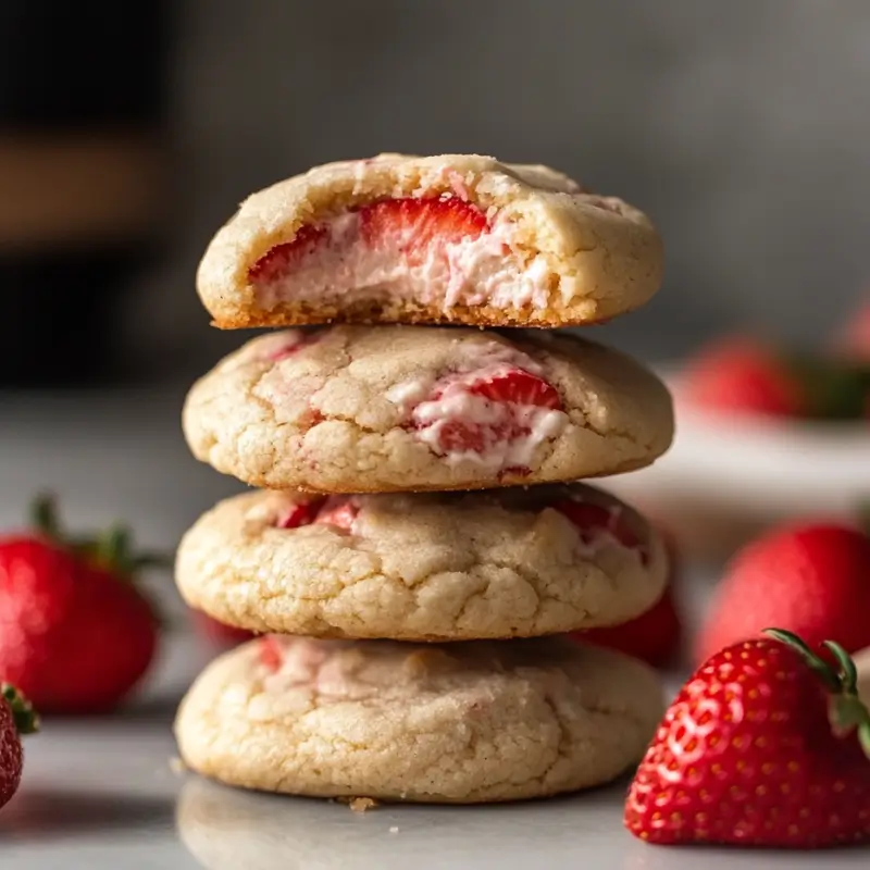 Stack of strawberry cheesecake cookies with bite

