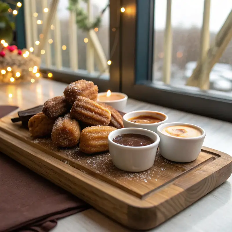  Baked churros served with chocolate and caramel dips

