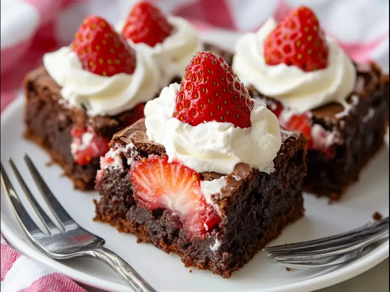 Sliced strawberry brownies with whipped cream on a plate