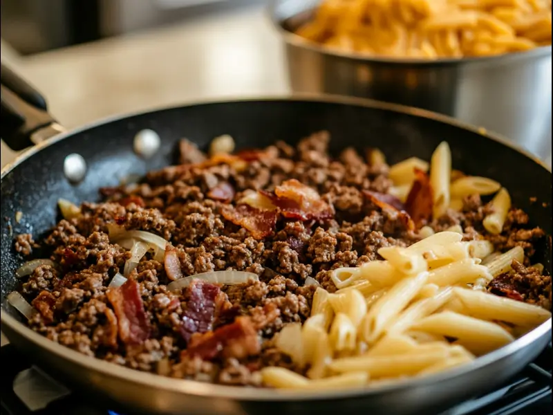  Cooking ground beef and pasta for cheeseburger Alfredo


